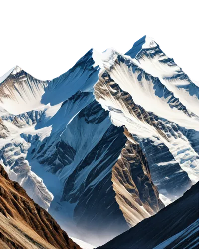 Mount Everest, snow-capped peak, majestic, sunrise, golden light, misty atmosphere, rugged terrain, rocky cliffs, steep slopes, icy glaciers, snowflakes gently falling, 3/4 composition, panoramic view