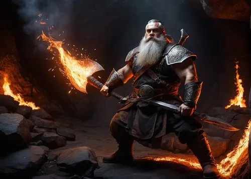 Muscular dwarf, 7 brothers, axe-wielding, bearded, rugged skin, leather apron, silver arm guards, iron-toed boots, forge background, fiery sparks, dark cave, ancient runes, dim torch lighting, dramati