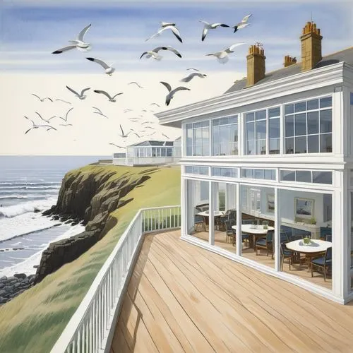 beach hut,seaside view,beach house,sketchup,ravilious,beach huts,langland,weatherboard,deckhouse,dunes house,pigeon point,oceanfront,seaside country,weatherboards,summer house,flying sea gulls,beach restaurant,holiday home,seagulls flock,summerhouse,Illustration,Black and White,Black and White 22