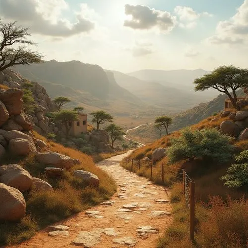 hiking path,pathway,desert landscape,mountain road,desert desert landscape,the mystical path,fantasy landscape,landscape background,arid landscape,savannas,dusty road,the path,world digital painting,cartoon video game background,uncharted,morrowind,quartz sandstone peak woodland landscape,stone wall road,mountain landscape,savane,Photography,General,Realistic