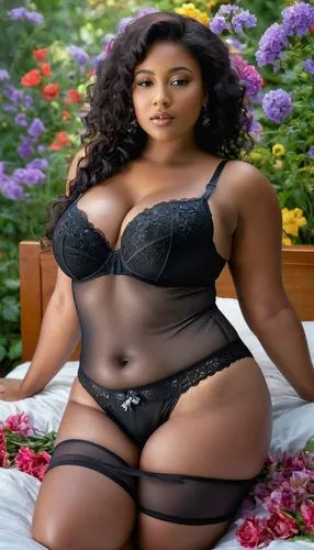 black sugarshape model, curvy lady with(big breast:1.3) in (micro seethru underwear:1.3), ample bosom, voluptous chest, transparent_seethru silk gown, a bed of summer flowers, artistic fotography, rea