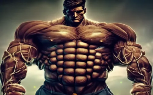 The front side of an image of a man with large muscles and massive symmetrical 14-pack abs and ribs,body building,bodybuilding,pec,muscularity,trenbolone,musclemen