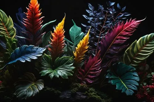 1 aspect ratio, high contrast, depth of field.,large group of different colored leaves of plant,bromeliads,bromeliaceae,colorful leaves,parrot feathers,color feathers,tropical birds,bromeliad,watercol