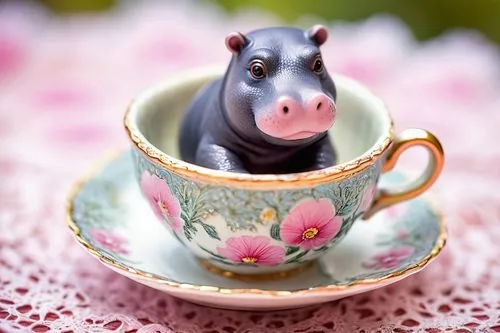 Cute teacup, miniature hippopotamus, ceramic material, delicate handle, intricately painted, soft pink and white colors, tiny nose and mouth, big round eyes, gentle smile, sitting on a lace tablecloth