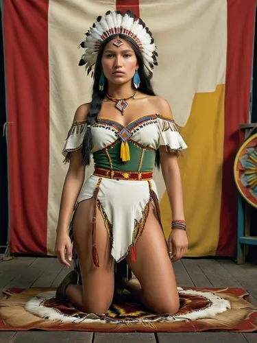 Beautiful, ultra-realistic colour photo of the chief's daughter Pocahontas from a fairground show, with bearskin clothing.,an native american indian girl is posed for the camera,american indian,pocaho