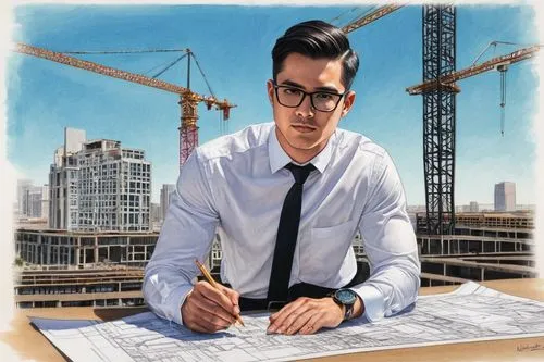 Tamu, architectural engineering, male, 30yo, strong jawline, short black hair, glasses, formal wear, white shirt, black tie, black pants, leather belt, holding blueprints, standing, construction site,