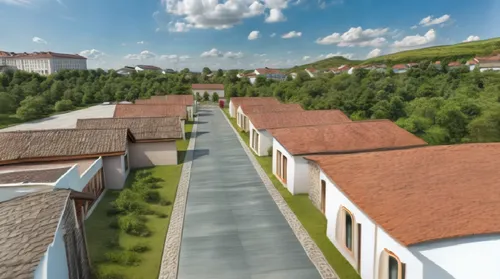 Un leve movimiento que muestre que muestre arquitectonicamente la fachada ,this is a rendering of a road in the middle of the village,new housing development,residencial,townhouses,cohousing,ecovillag