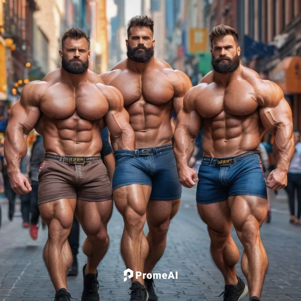 In a bustling city, two massive muscles hairy guys, inflated to 50 centimeters weight bulge pants. ,bodybuilders,musclemen,machos,musclebound,bodybuilding,physiques,strongmen,myrmidons,bulks,testoster