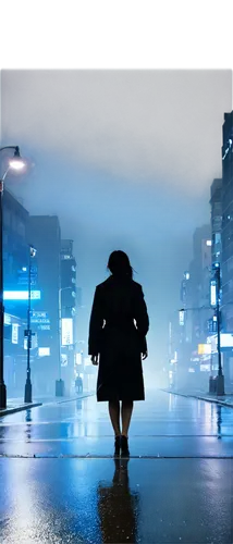 girl walking away,pedestrian,walking in the rain,blue rain,woman walking,man with umbrella,a pedestrian,walking man,raincoat,light rain,weather-beaten,blue light,cyberpunk,heavy rain,cover,pedestrians,sleepwalker,cd cover,raindops,pedestrian lights,Illustration,Japanese style,Japanese Style 12