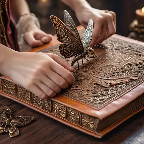 A hyperdetailed image of an ancient leather-bound book lying on a wooden table. A tiny, hyperdetailed fairy, much smaller than the book, is struggling to open it. Inside the book, another fairy is str