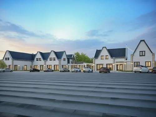 BLACK ROOF, SIMILAR AS SOURCE, COMMERCIAL BUILDING,several white houses with cars parked in a parking lot,townhomes,kleinburg,roof landscape,tobermore,cohousing,hovnanian,Photography,General,Realistic