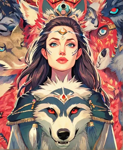 kitsune,shamanic,two wolves,wolves,shamanism,dharma,wolf couple,howling wolf,warrior woman,game illustration,cover,fantasy art,protectors,mulan,asian vision,wolf,totem,nine-tailed,fantasy portrait,ina