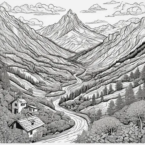 mountain huts,mountain scene,the landscape of the mountains,vajont,valle d'aosta,mountainous landscape,mountain village,val bavona,alpine route,haute-savoie,pyrenees,mountain landscape,verzasca valley,mountain settlement,stelvio,annapurna,mountain valley,valais,cool woodblock images,mountain road,Illustration,Black and White,Black and White 14