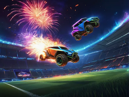 Produce a vibrant Rocket League wallpaper illustrating a thrilling overtime goal with fireworks illuminating the night sky.,diwali banner,game car,competition event,fireworks background,birthday banne