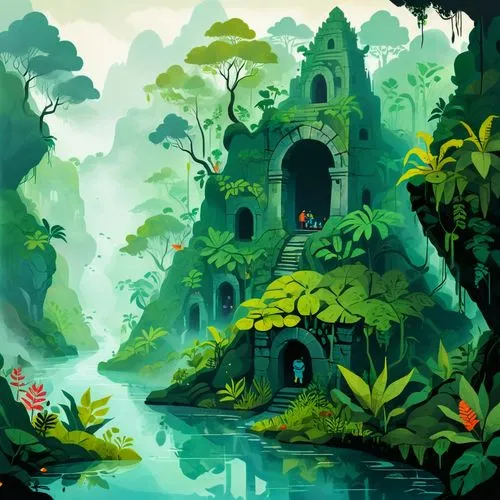 rainforest,fairy village,korowai,jungle,cartoon video game background,bird kingdom,Illustration,Vector,Vector 08