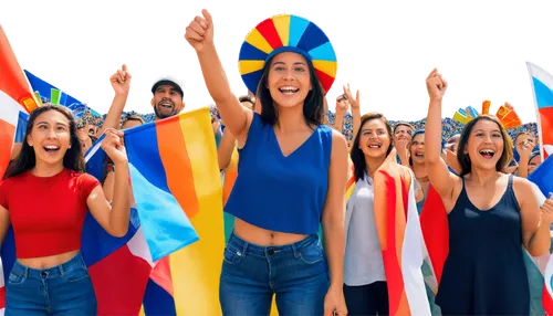 Excited crowd, cheering, stadium seats, varied faces, different ages, male and female, diverse clothing, colorful hats, waving flags, hands up in air, joyful expressions, bright smiles, afternoon sunl