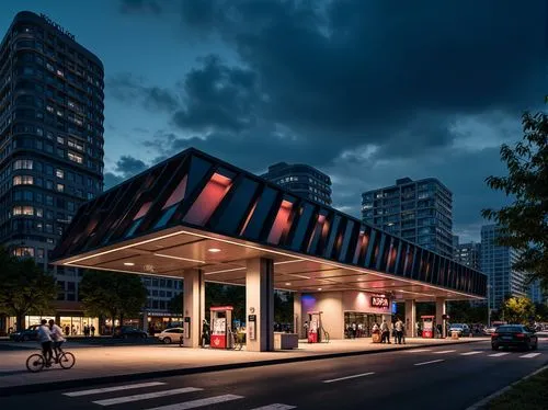 Modern gas station, angular futuristic facade, sleek metallic surfaces, neon lighting accents, dynamic curves, cantilevered canopies, minimalist signage, industrial materials, urban cityscape, busy st