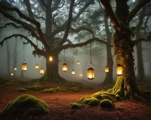 fairy lanterns,lanterns,enchanted forest,fairy forest,foggy forest,elven forest,angel lanterns,lantern string,tea-lights,haunted forest,fairytale forest,landscape lighting,tea lights,environmental art,forest glade,forest of dreams,holy forest,japanese paper lanterns,ambient lights,fireflies,Illustration,Retro,Retro 21