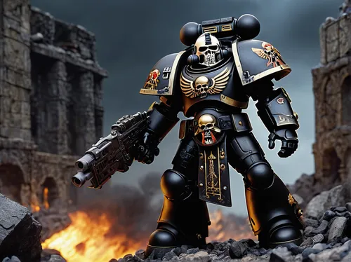 crusader,paladin,war machine,dreadnought,warlord,destroy,centurion,emperor,death god,black warrior,templar,admiral von tromp,ork,iron mask hero,fantasy warrior,vax figure,sterntaler,kryptarum-the bumble bee,heavy armour,dark blue and gold,Art,Classical Oil Painting,Classical Oil Painting 11