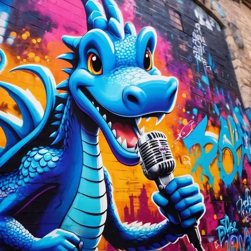 blue dragon sings to the microphone,graffiti art,alebrije,roa,graffitti,graffiti,graff,brooklyn street art,draggy,painted dragon,maguana,crooning,microphone,beatboxer,fire breathing dragon,mic,rubber 