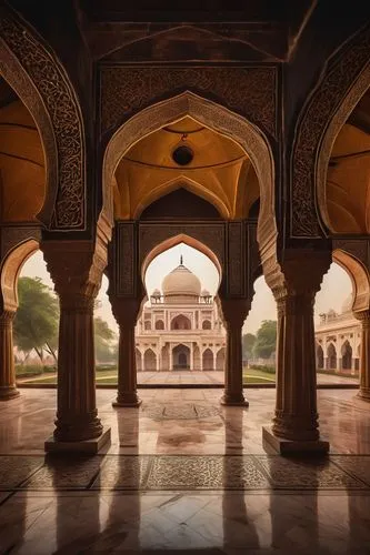 Mughal Empire, ancient Indian architecture, intricate marble inlays, ornate arches, grand domes, Islamic calligraphy, delicate frescoes, vibrant tile work, majestic entrance gates, symmetrical composi