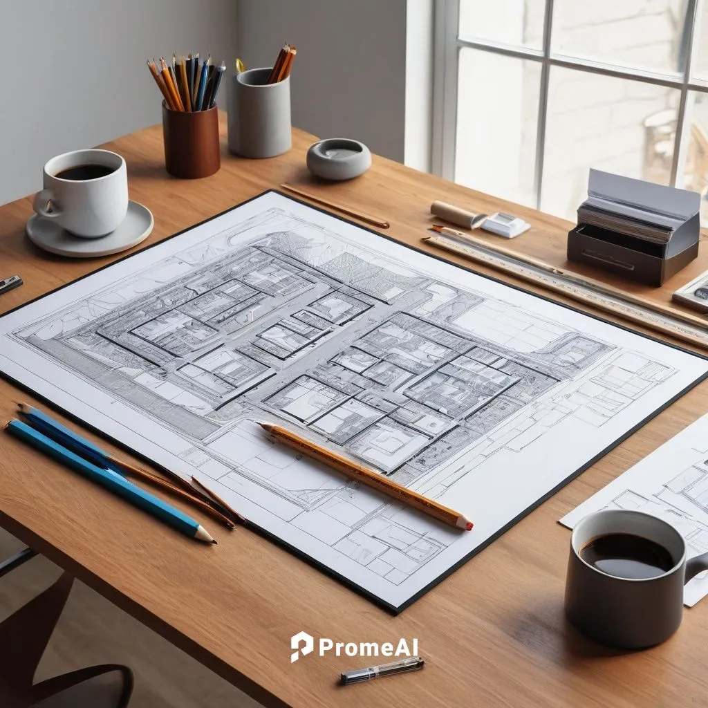 A1 paper, landscape orientation, 594mm x 841mm, white background, clean desk, modern office, wooden table, architectural drawings, blueprints, ruler, pencil case, coffee cup, morning light, soft shado