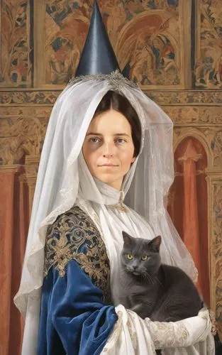 (woman Isabelle de Bourbon in 15th century medieval dress holding a one British dark grey cat in her arms: 1,5), (on the woman's head there is a high Gothic cone "atour" with veil: 1,5), (a veil hangs