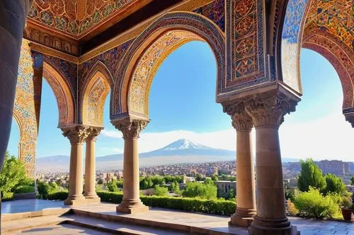 Ancient Armenian architecture, intricately carved stone buildings, ornate decorations, grand arches, bell towers, majestic domes, detailed frescoes, vibrant colored tiles, ornamental columns, luxuriou