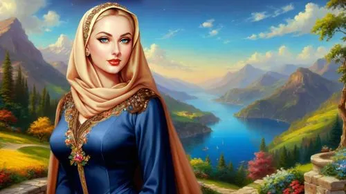 Romantic masterpiece oil painting, beautiful curvy woman portrait, tight abaya dress, nostalgic 1950's style kitsch, breathtaking beautiful epic vast landscape, majestic scenery, highly detailed, high