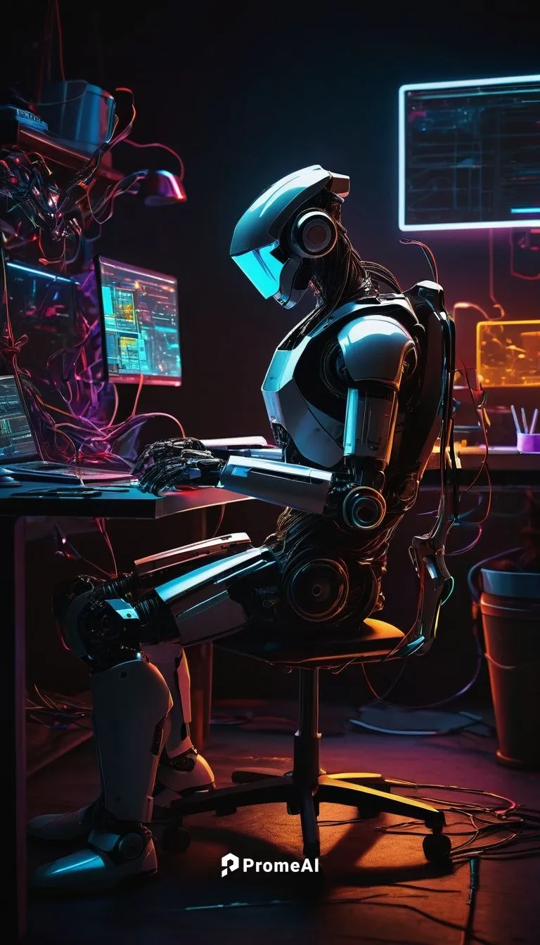 Digital AI artist, futuristic laboratory, solo, messy workstation, multiple screens, coding papers scattered, robotic arm assistant, 3D modeling software, neon lights, dark background, cinematic compo