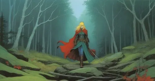 a painting of a woman in the middle of a forest,eilonwy,elric,maedhros,finrod,thranduil,mirkwood,Illustration,Realistic Fantasy,Realistic Fantasy 04