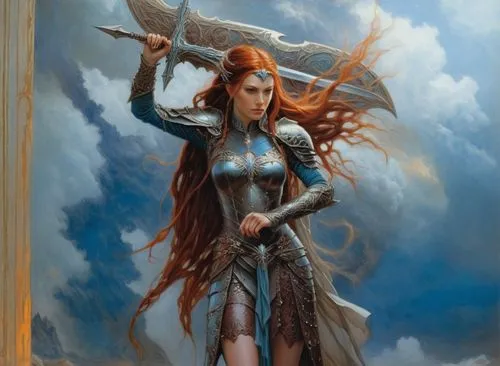 a woman wearing armor holding two swords standing in front of a sky,yavana,female warrior,wind warrior,dragonlance,thorhild,heroic fantasy,Illustration,Realistic Fantasy,Realistic Fantasy 03