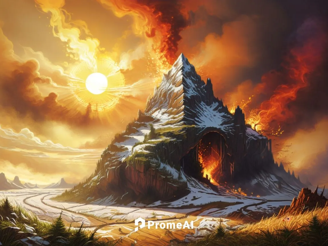 ice and fire,a mountain with a fire on it in the sky,fire mountain,fire in the mountains,volcanic landscape,firelands,erebor,fire background,Illustration,Realistic Fantasy,Realistic Fantasy 25