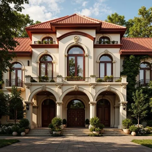 Ornate Baroque hostel facade, grandiose entrance archways, ornamental stone carvings, richly decorated windows, balconies with intricate metalwork, vibrant red rooftiles, lush greenery cascading down 