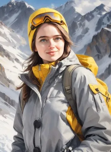 a young beautiful girl climber against the backdrop of white snowy mountains, the girl is dressed in a warm gray jacket with a hood, a yellow cap and protective mountain goggles on her forehead,high-a