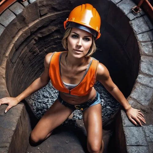 Sexy female miner (wearing Helmet, (short top), shorts) in a mine,mining,crypto mining,miner,coal mining,female worker,mine shaft,steelworker,bitcoin mining,construction helmet,mining excavator,railro