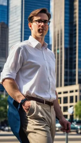 Mid-30s male architect, bespectacled, short brown hair, clean-shaven, wearing a white shirt with rolled-up sleeves, dark blue trousers, black leather shoes, holding a large portfolio, standing confide