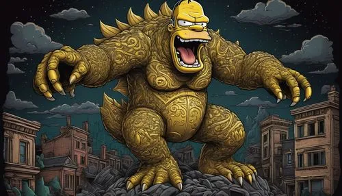 king kong,godzilla,kong,gorilla,saurian,gorgonops,golden dragon,gargoyle,skordalia,minion hulk,doomsday,landmannahellir,child monster,gargoyles,cynorhodon,giant schirmling,wolfman,homer simpsons,drago milenario,gorgon,Illustration,Realistic Fantasy,Realistic Fantasy 45