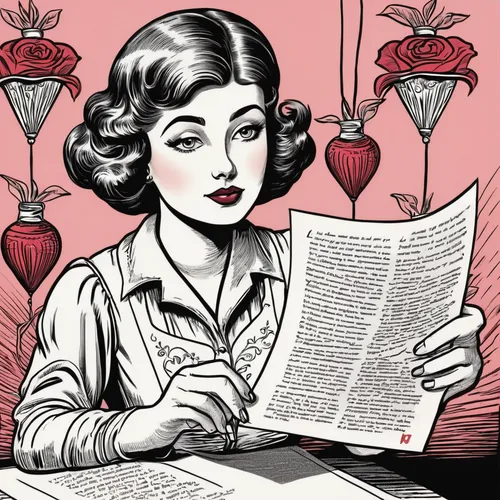 Illustrate a vintage-style Valentine's Day clipart with a love letter.,retro 1950's clip art,blonde woman reading a newspaper,women's novels,valentine day's pin up,newspaper reading,reading the newspa