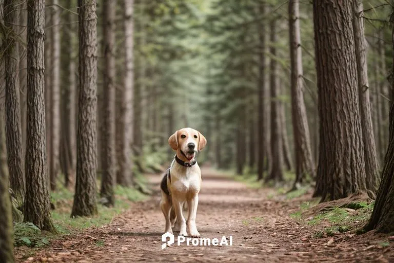 a blonde beagle in the forest,bavarian mountain hound,scent hound,estonian hound,forest walk,silken windhound,dog hiking,schweizer laufhund,montenegrin mountain hound,mudhol hound,pyrenean mastiff,iri