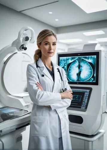 Modern mammography machine, sleek metal body, glass screen, futuristic dashboard, high-tech equipment, hospital interior, sterile white walls, fluorescent lighting, doctor in a white coat, stethoscope