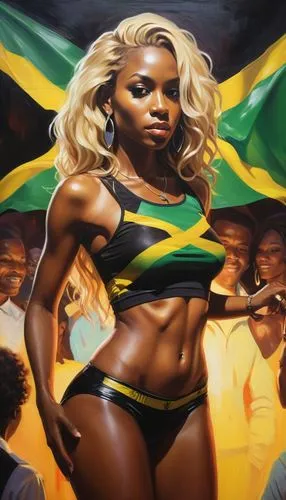 An oil painting features a breathtakingly beautiful 32-year-old Jamaican Dancehall Queel woman with long, light blonde hair and brown eyes, tanned, hourglass figure. She gazes at the viewer, 

The wom