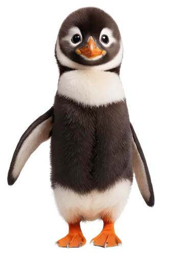 Adorable penguin, standing posture, black tuxedo feathers, white belly, orange beak, cute eyes, waddling legs, flipper feet, icy background, snowy texture, softbox lighting, shallow depth of field, 3/