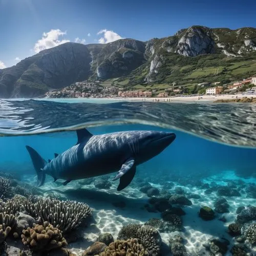 humpback whale,great white shark,ocean underwater,giant dolphin,freediver,marine life,Photography,General,Realistic