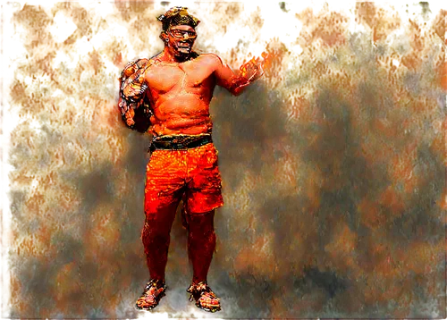 Fred Flintstone, caveman, standing, muscular build, orange tank top, blue shorts, black feet, Bedrock background, happy facial expression, holding club, bright sunlight, warm color tone, 3/4 compositi