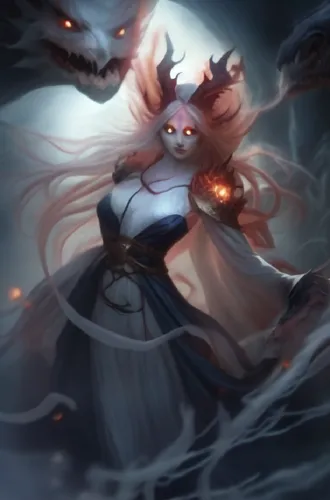 A young women stares as her pet dragons blows fire,a woman dressed up in a long blue dress and devil eyes,kindred,amaterasu,janna,vayne,shikigami,kitsune