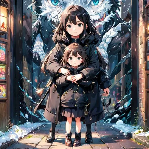 kumiko,tiribocchi,tokomaru,bocchi,winter background,parka,Anime,Anime,Traditional