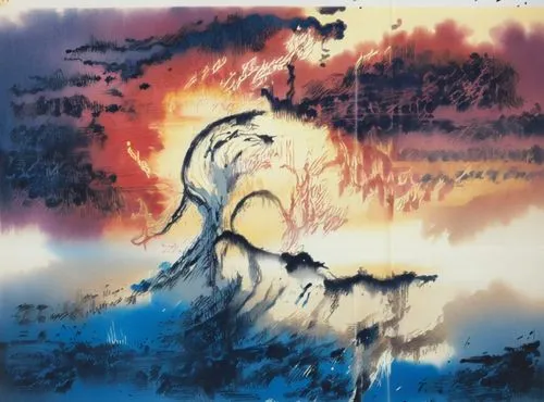 a painting with waves in the sky and clouds,bodhidharma,watercolor paint strokes,hokusai,kagemusha,soseki,ebtekar,Illustration,Paper based,Paper Based 30