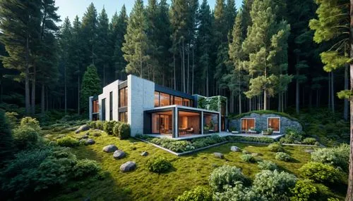 residencia en un bosque
rodeada de arboles
materialidad en piedra + vidrio + madera

jardinería vertical
plantas flores + bosque
,an artist's rendering of the home, located on a grassy slope in the wo