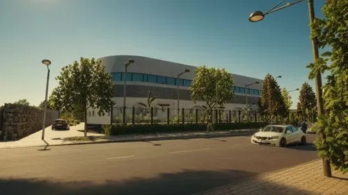 a car parked on a street next to a parking lot,biotechnology research institute,technopark,biozentrum,headquarter,newbuilding,realgymnasium,Photography,General,Natural